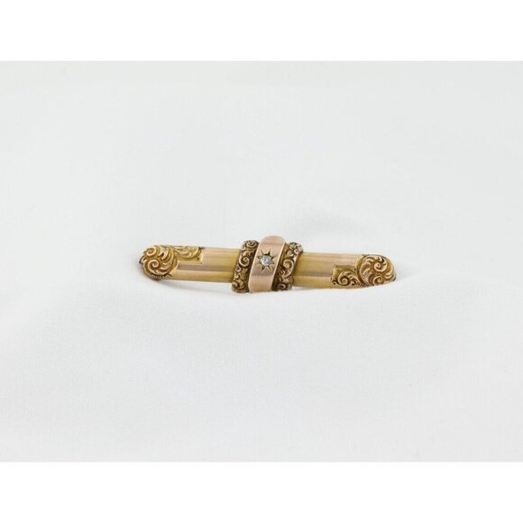10k Yellow Gold Antique Art Nouveau Diamond Bar Pin - Picture 6 of 9